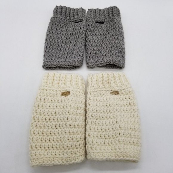 2 Pairs of Handmade Crochet Wrist Warmers, Grey and Ivory Winter Accessory - Picture 1 of 16